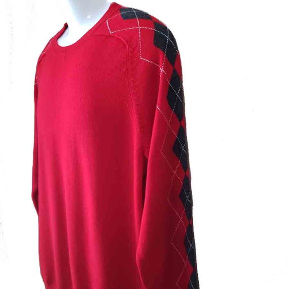 Merona Crew Neck Sweater Merino Wool Red Gray White Argyle Sleeves Men's Size L - Picture 3 of 3